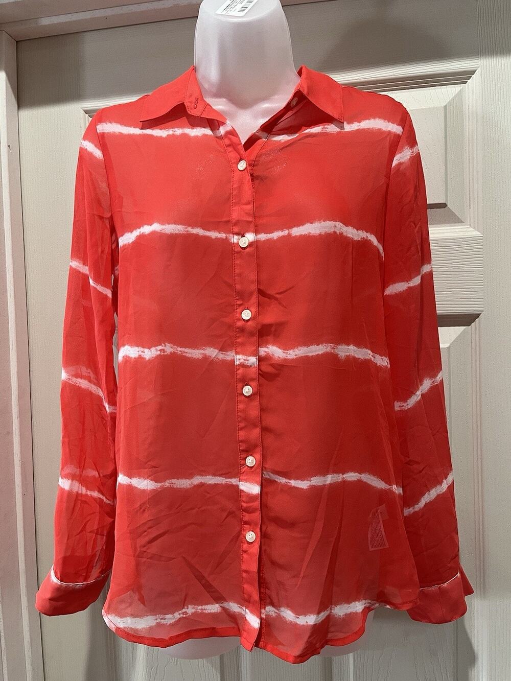 Old Navy Tye Dye Coral Orange Red Stripe Chiffon Shirt Size Small Button Up